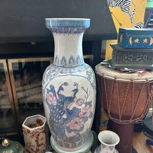 Vintage Blue and White Asian Vase with Pink Floral Accents w Birds 24 inch
